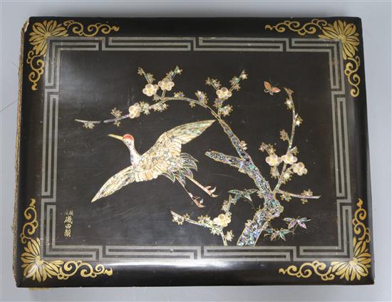 A mother of pearl inlaid lacquered postcard album